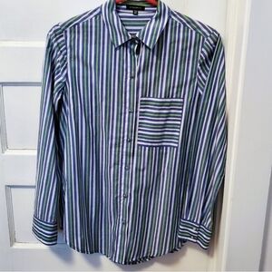 Boyfriend Fit Blue and Green Striped Women's Button Down Shirt